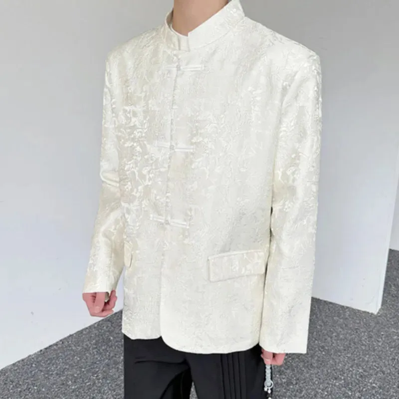 Chinese Style Men's Blazer Jacquard Dark Flower Pearl Plate Buckle Suit Coat Male Fashion Spring Stand Collar 5125