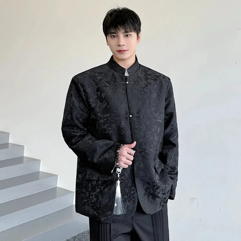 Chinese Style Men's Blazer Jacquard Dark Flower Pearl Plate Buckle Suit Coat Male Fashion Spring Stand Collar 5125