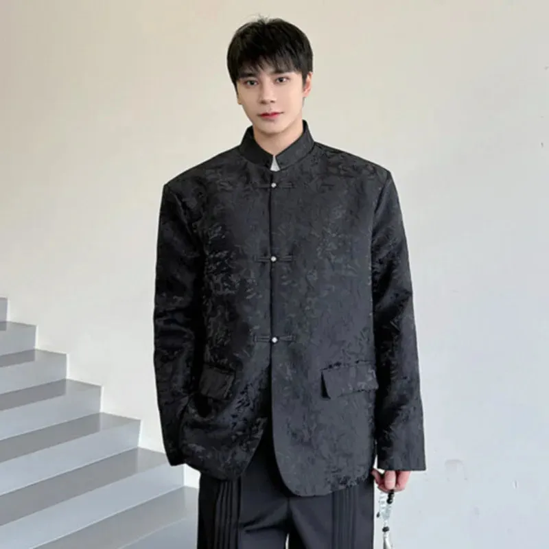 Chinese Style Men's Blazer Jacquard Dark Flower Pearl Plate Buckle Suit Coat Male Fashion Spring Stand Collar 5125