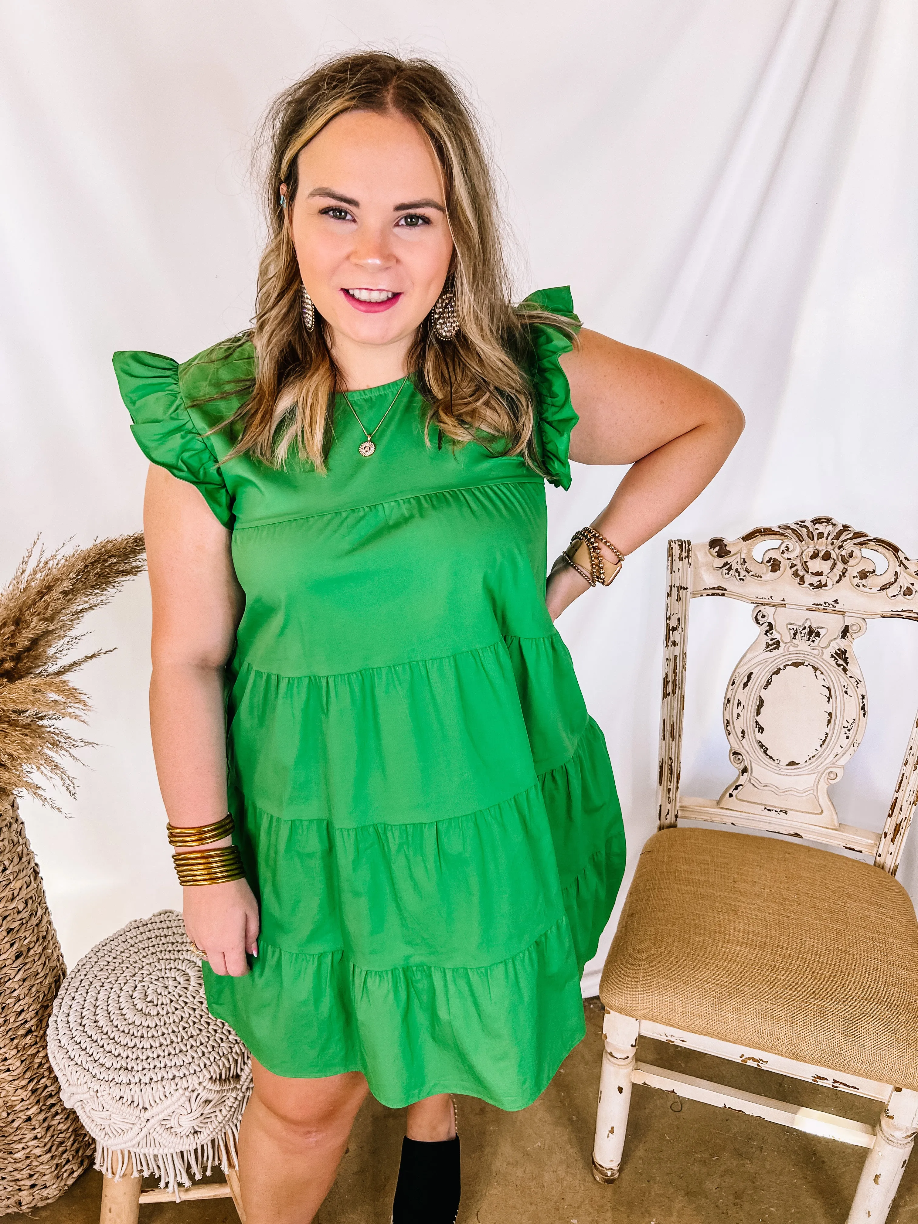 Choose Confidence Ruffle Cap Sleeve Tiered Dress in Green