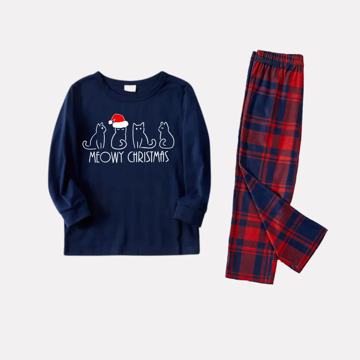 Christmas Cat Print Blue Long Sleeve Top with Red & Blue Plaid Christmas Family Matching Pajamas