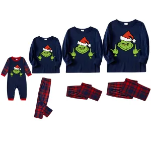 Christmas Cute Cartoon Pattern Print Blue Long Sleeve Top with Red & Blue Plaid Family Matching Pajamas