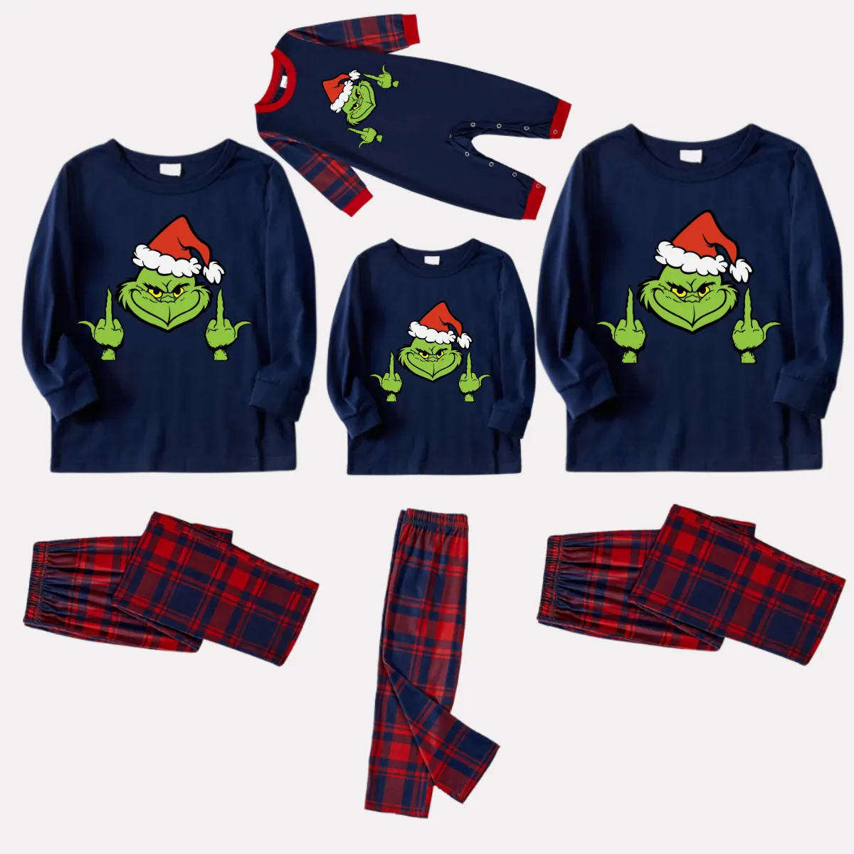 Christmas Cute Cartoon Pattern Print Blue Long Sleeve Top with Red & Blue Plaid Family Matching Pajamas