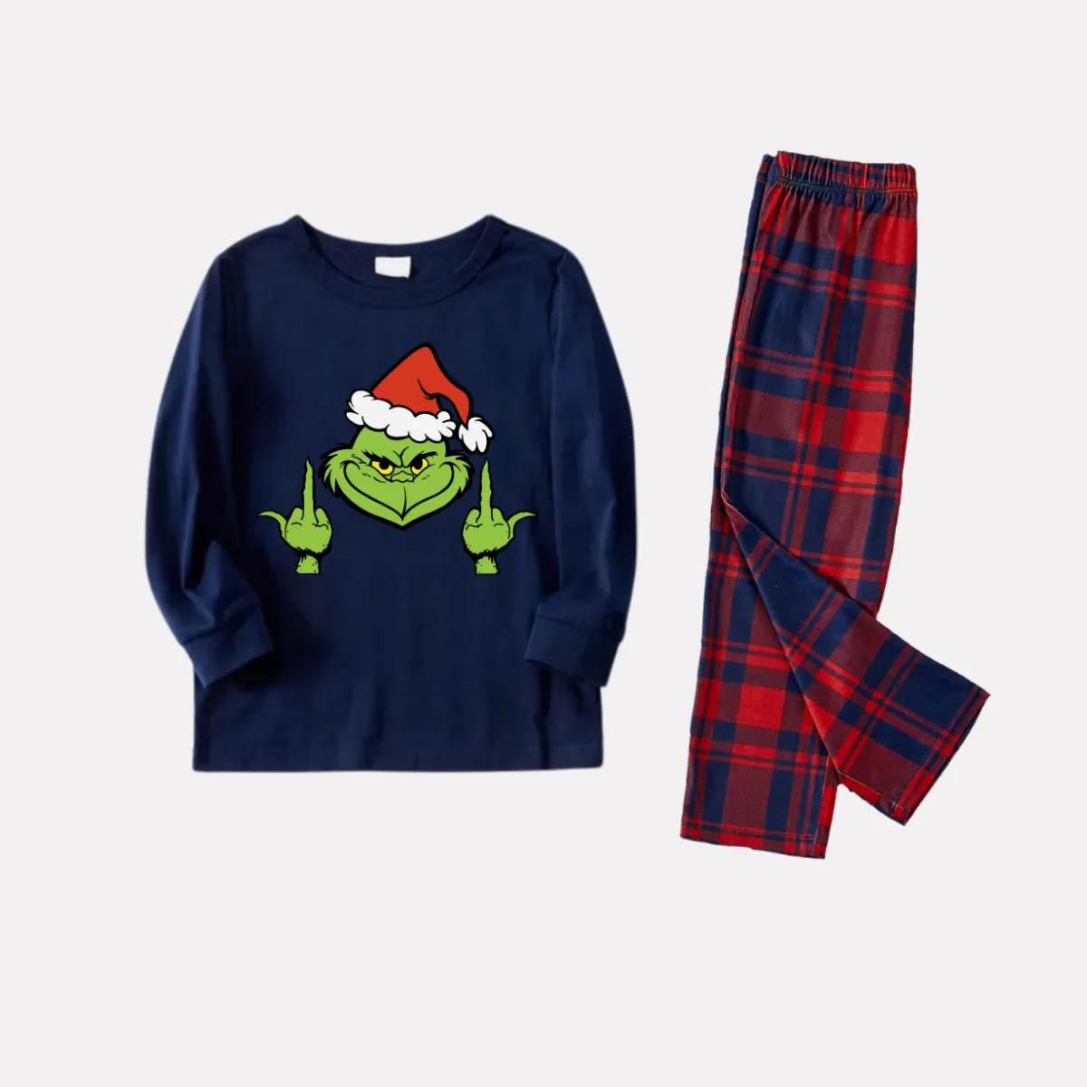 Christmas Cute Cartoon Pattern Print Blue Long Sleeve Top with Red & Blue Plaid Family Matching Pajamas