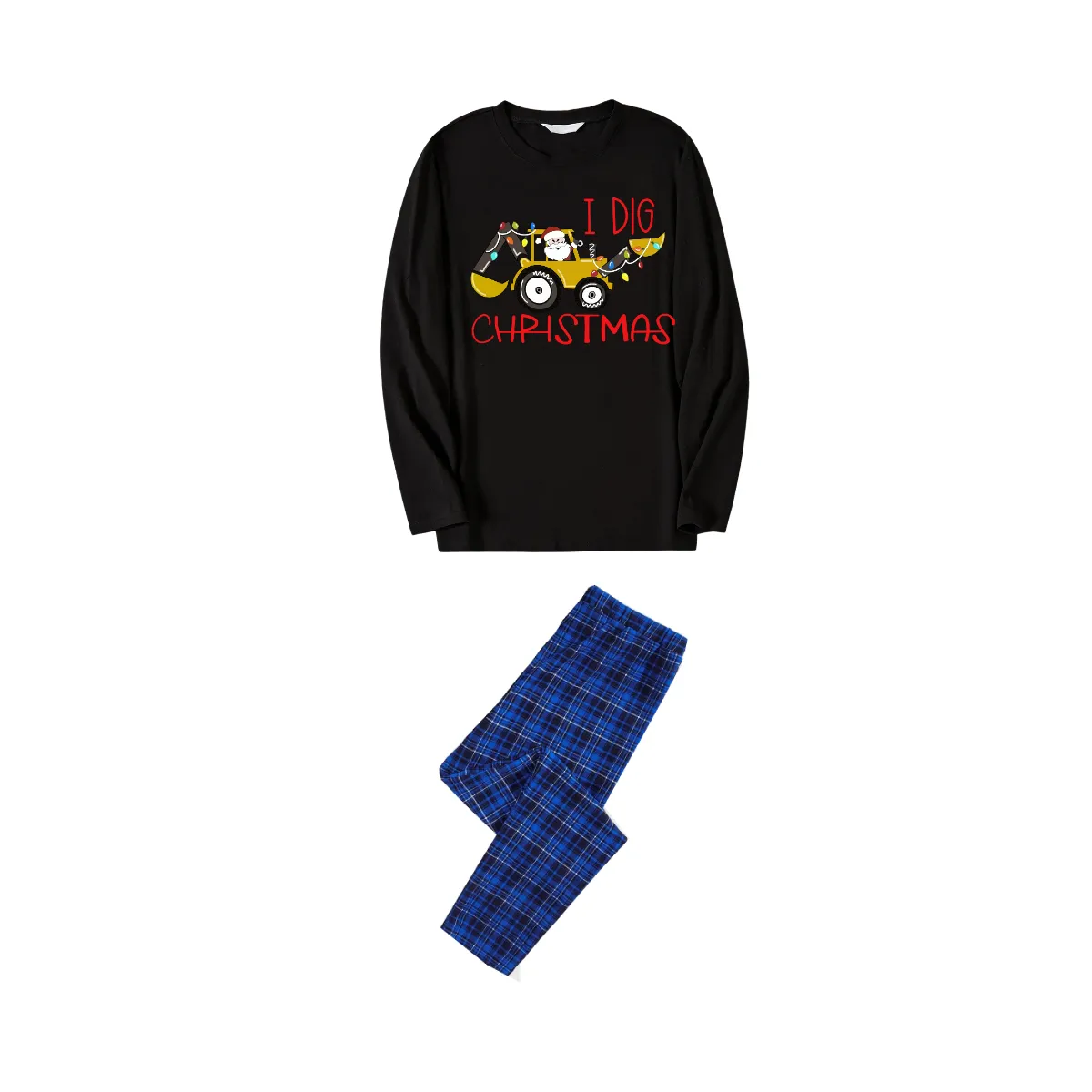 Christmas Excavator and Text Print Black Long Sleeve Top with Blue & Black Plaid Family Matching Pajamas