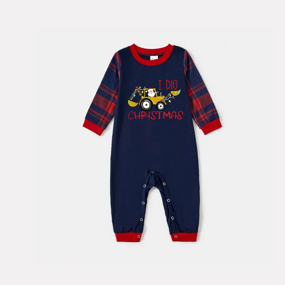 Christmas Excavator and Text Print Blue Long Sleeve Top with Red & Blue Plaid Christmas Family Matching Pajamas