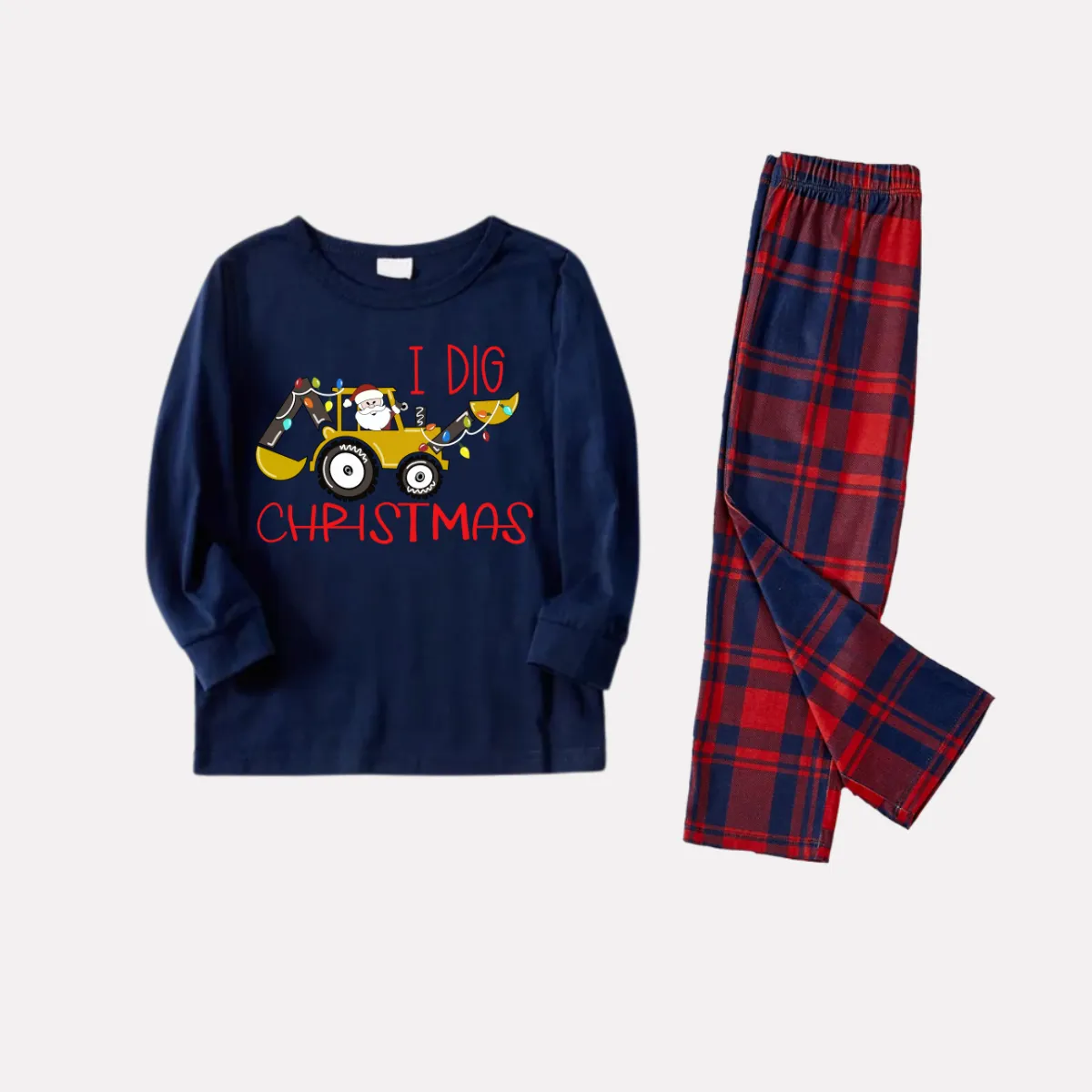 Christmas Excavator and Text Print Blue Long Sleeve Top with Red & Blue Plaid Christmas Family Matching Pajamas