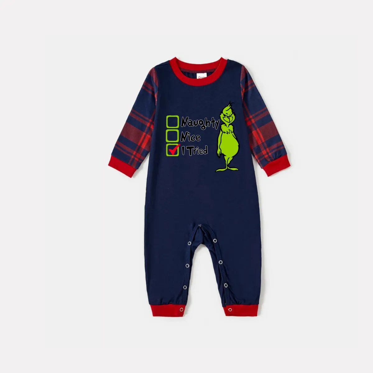 Christmas Matching Cartoon Pattern and Text Print Blue Long Sleeve Top with Red & Blue Plaid Family Matching Pajamas