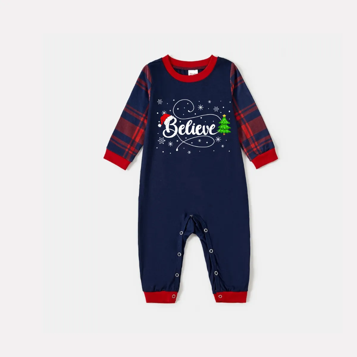 Christmas Tree and Believe Text Print Blue Long Sleeve Top with Red & Blue Plaid Family Matching Pajamas