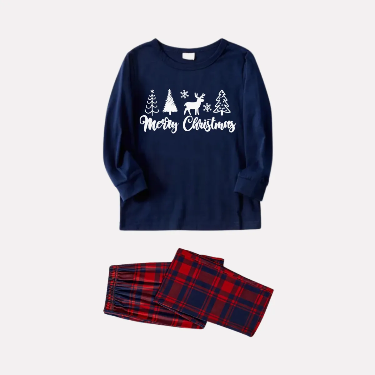 Christmas Tree and Elk and Text Print Blue Long Sleeve Top with Red & Blue Plaid Christmas Family Matching Pajamas