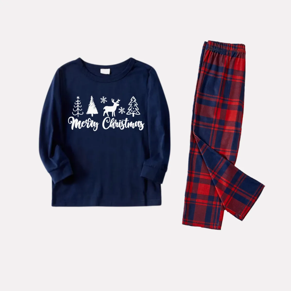 Christmas Tree and Elk and Text Print Blue Long Sleeve Top with Red & Blue Plaid Christmas Family Matching Pajamas