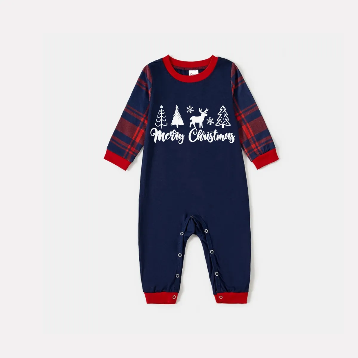 Christmas Tree and Elk and Text Print Blue Long Sleeve Top with Red & Blue Plaid Christmas Family Matching Pajamas