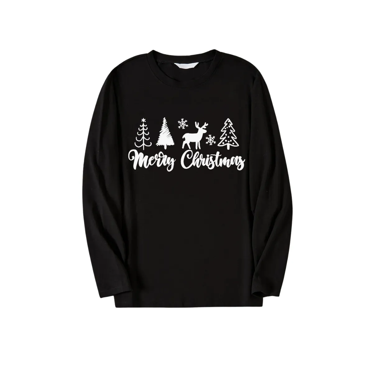 Christmas Tree and Elk Print Black Long Sleeve Top with Blue & Black Plaid Family Matching Pajamas