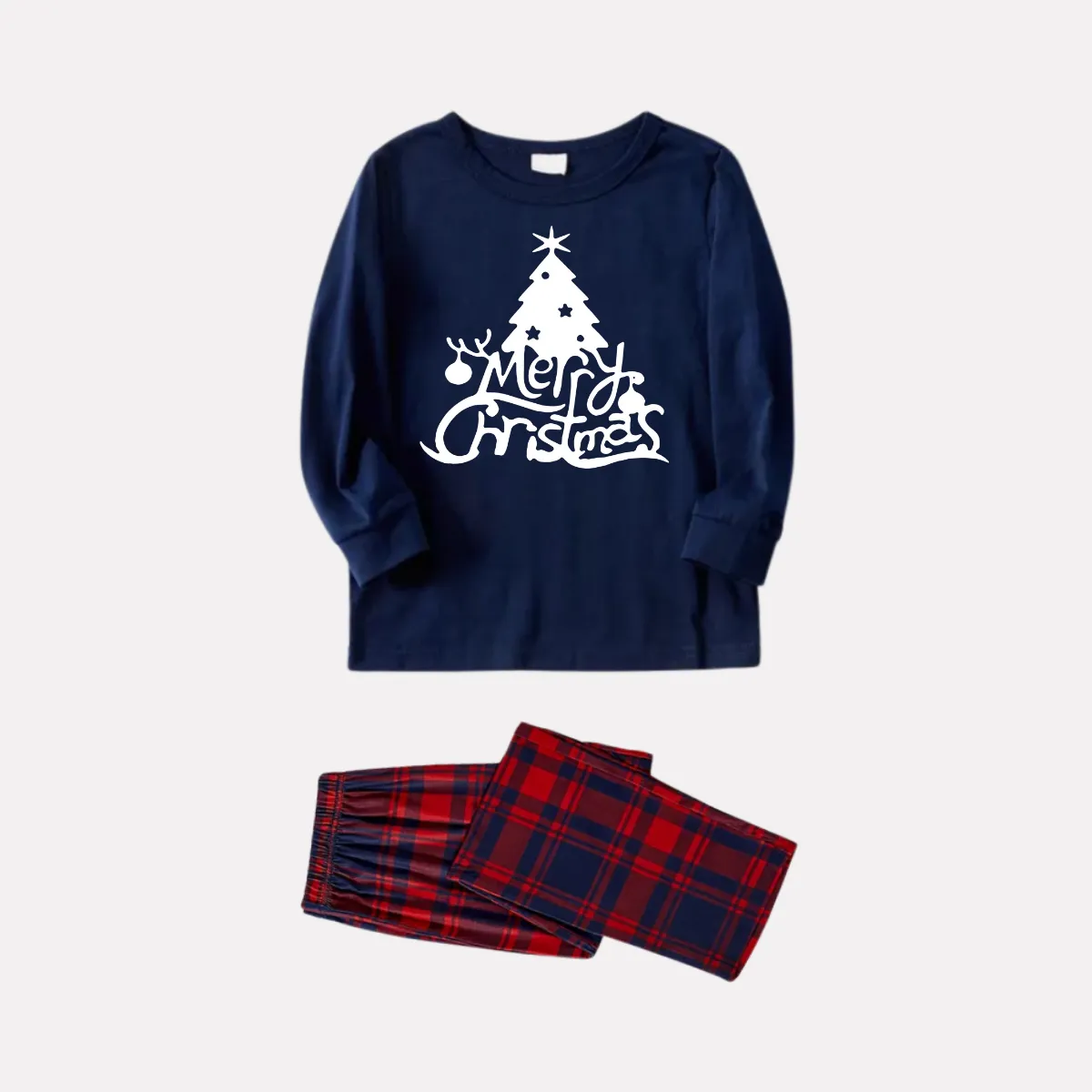 Christmas Tree and Merry Christmas Letter Print Blue Long Sleeve Top with Red & Blue Plaid Christmas Family Matching Pajamas