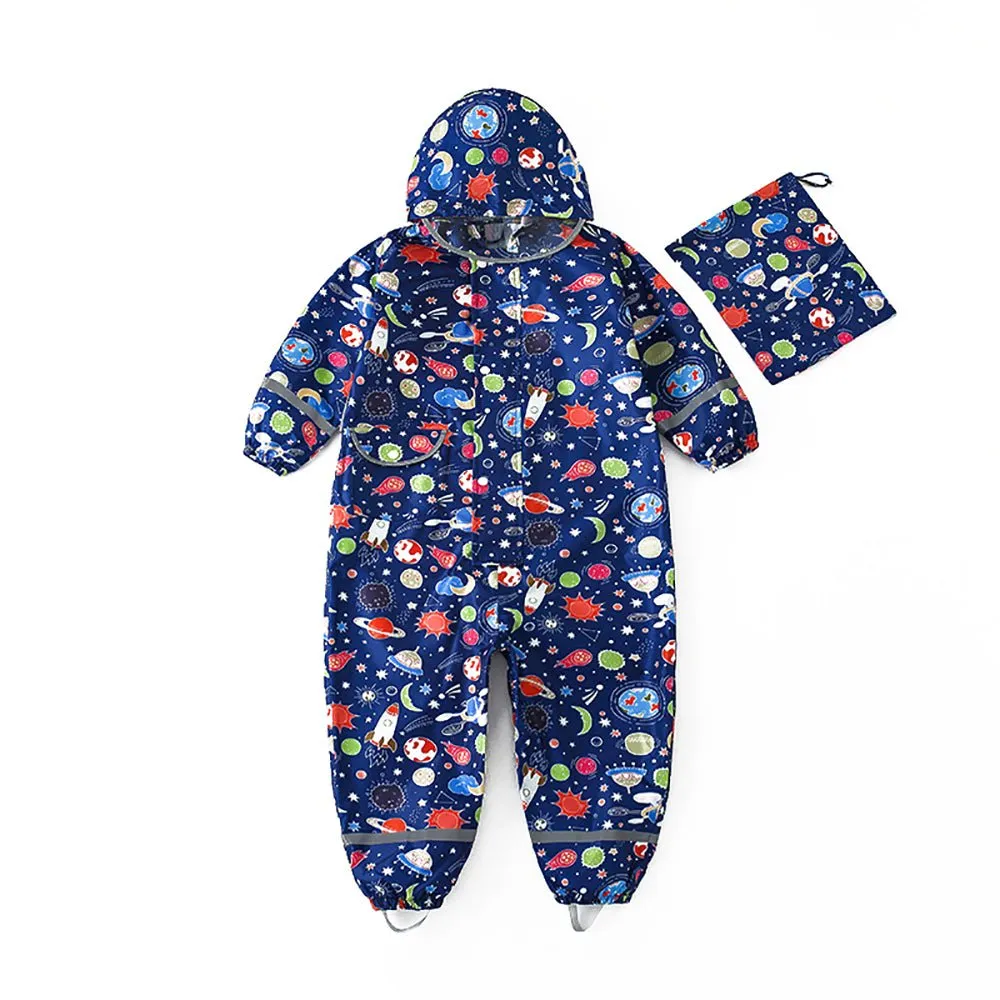 Dark Blue Starry Planets Theme All Over Jumpsuit / Playsuit Raincoat for Kids