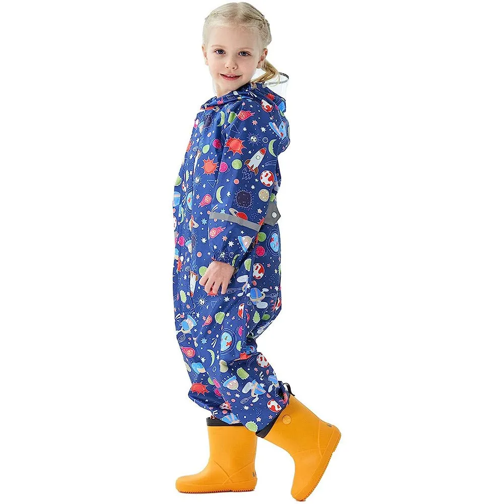 Dark Blue Starry Planets Theme All Over Jumpsuit / Playsuit Raincoat for Kids