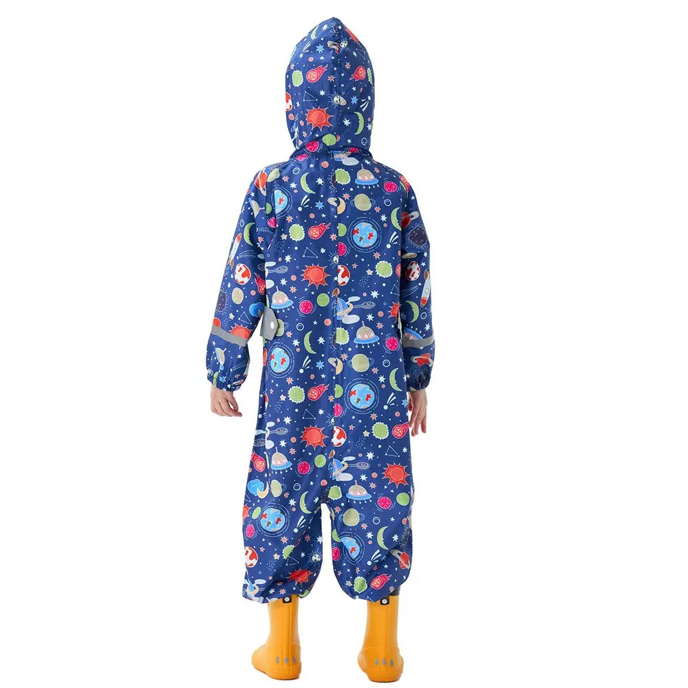 Dark Blue Starry Planets Theme All Over Jumpsuit / Playsuit Raincoat for Kids