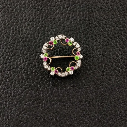 Diamond Garnet & Ruby Wreath Estate Pin