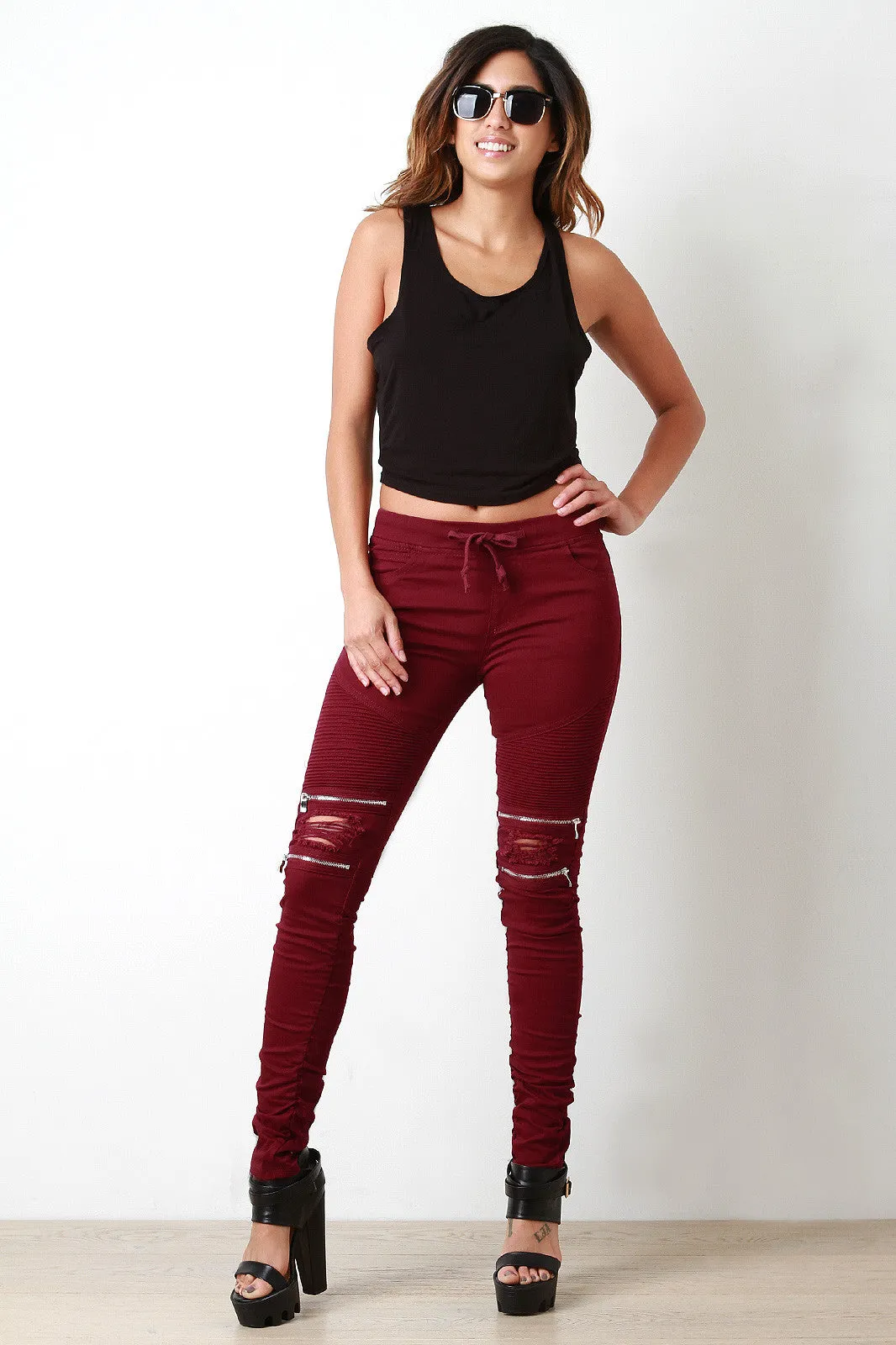 Drawstring Waist Edgy Distressed Moto Jeans