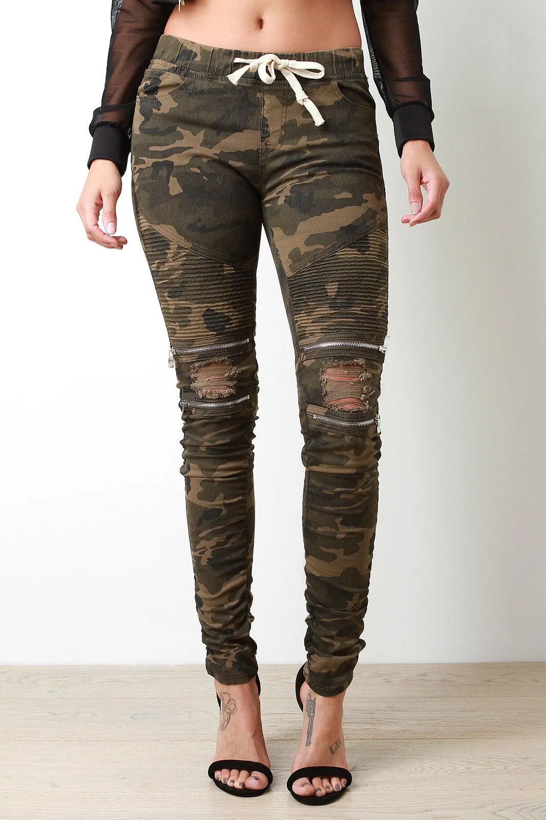 Drawstring Waist Edgy Distressed Moto Jeans