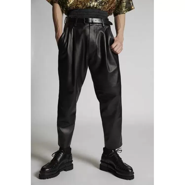 Dynamic Look Genuine Black Leather Pleat Fight Pants for Men