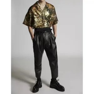 Dynamic Look Genuine Black Leather Pleat Fight Pants for Men