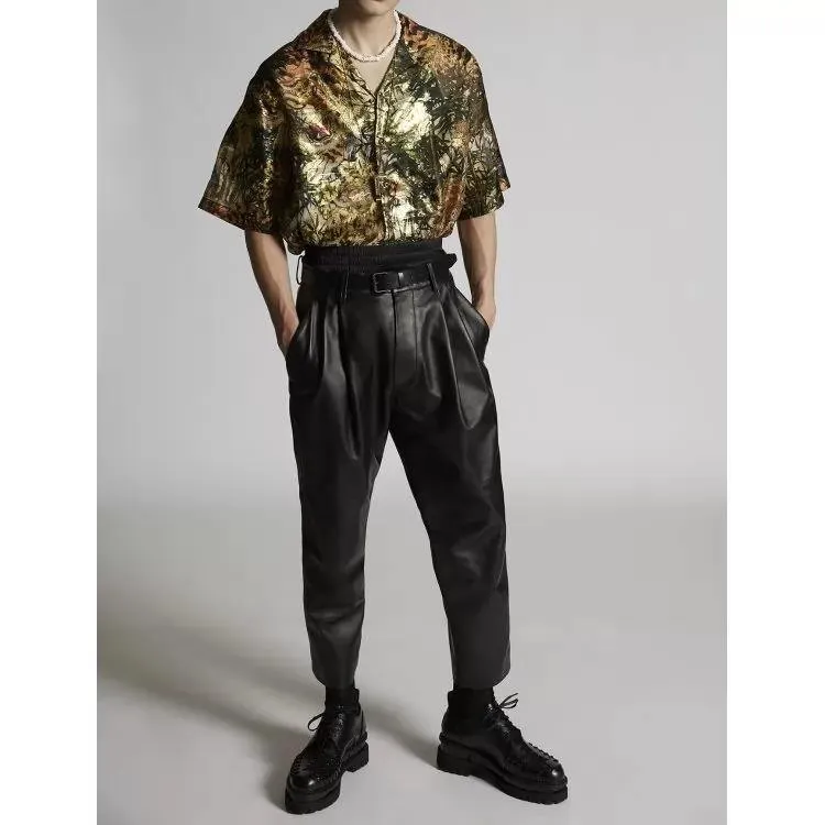 Dynamic Look Genuine Black Leather Pleat Fight Pants for Men