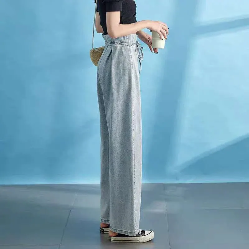 Early Spring Female Design High Waist Straight Of The Casual Trailing Wide-Leg Jeans