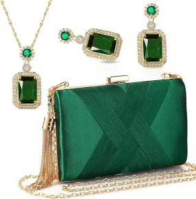 Elegant Green & Gold Evening Purse Necklace & Earrings Set