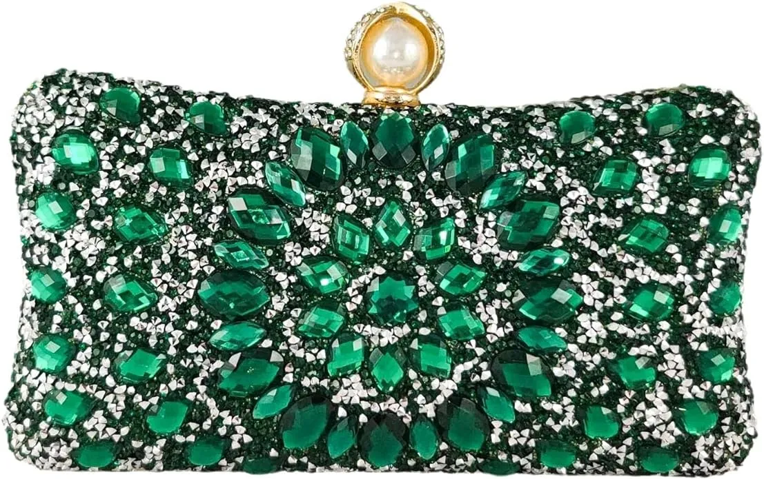 Elegant Green & Gold Rhinestone Crystal Evening Purse