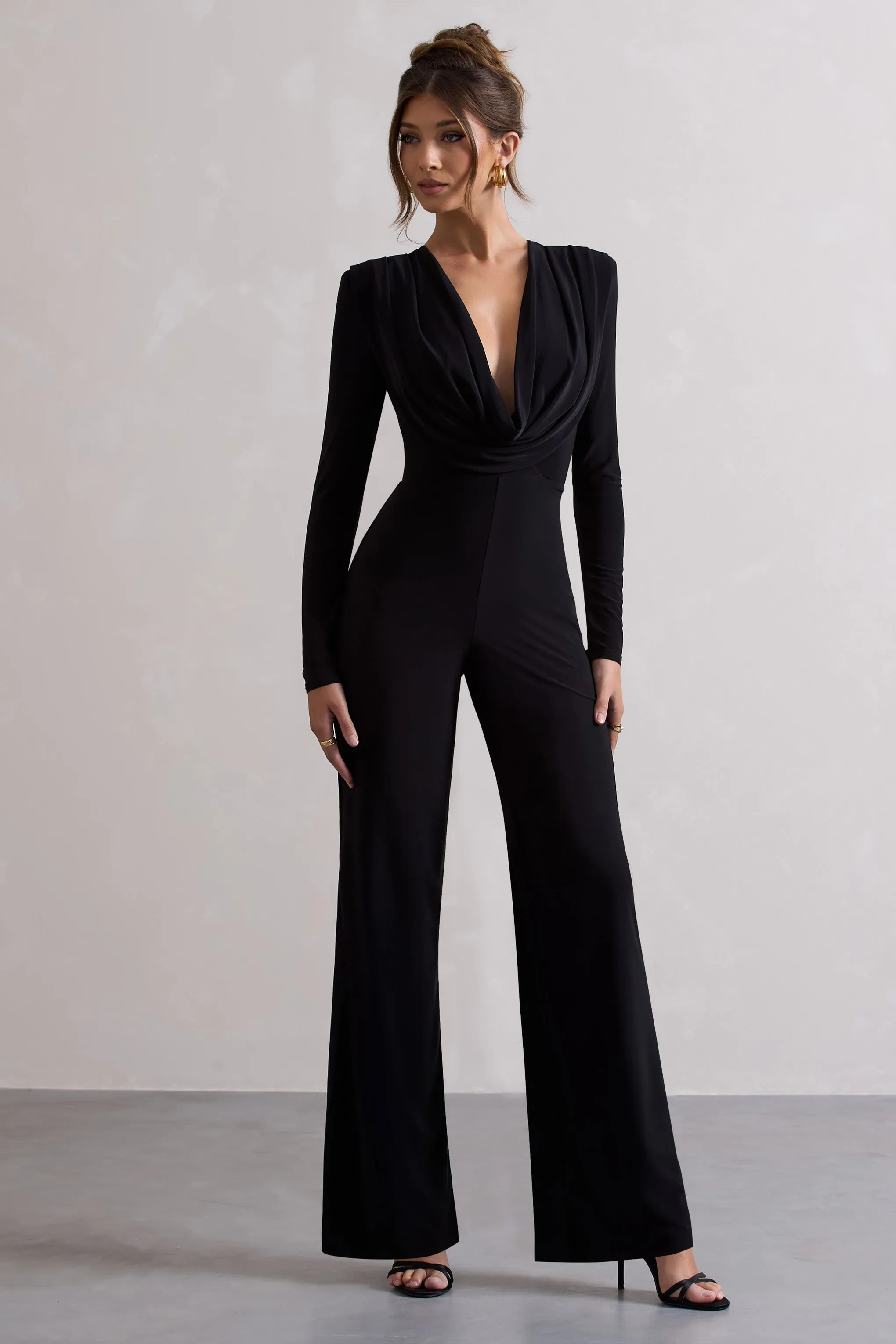 Elisha | Black Plunge-Neck Wide-Leg Jumpsuit