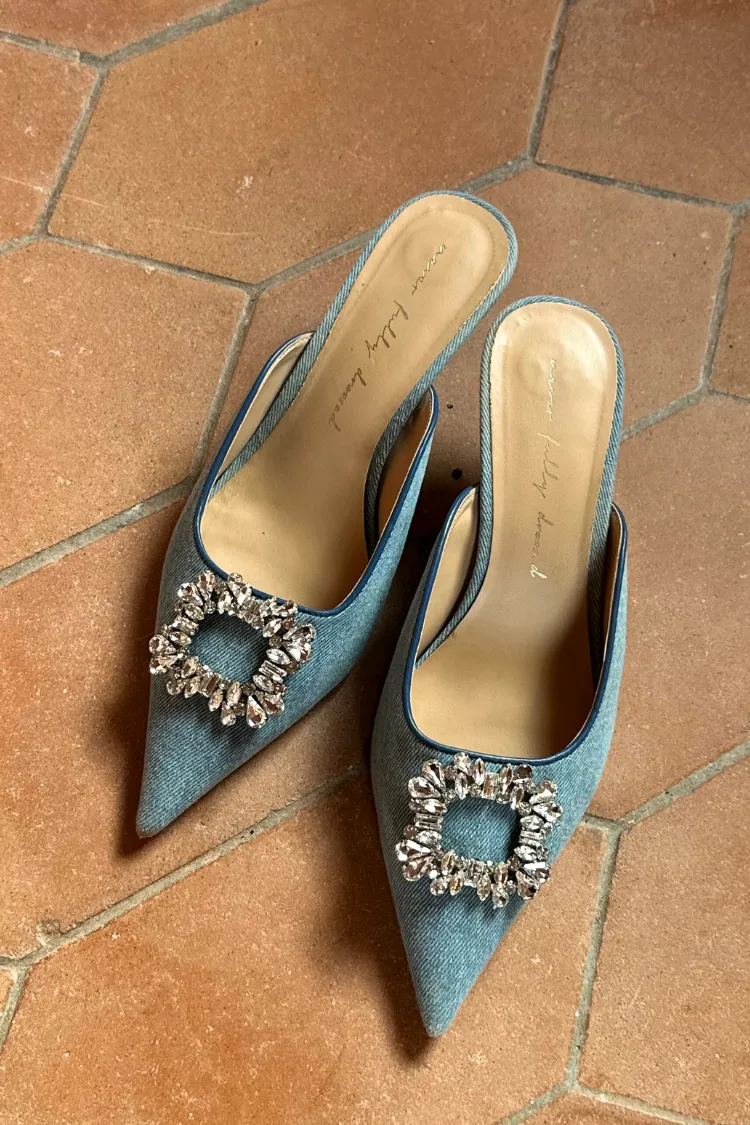 Embellished Denim City Mules