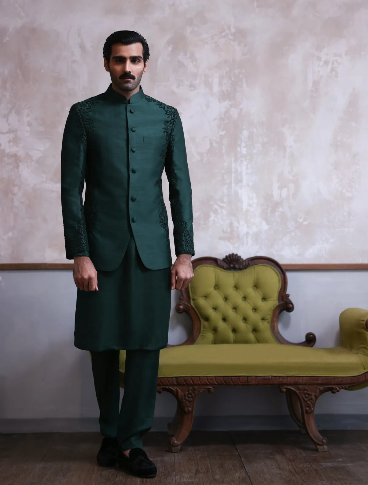 EMERALD GREEN HAND EMBROIDERED PRINCE COAT-S