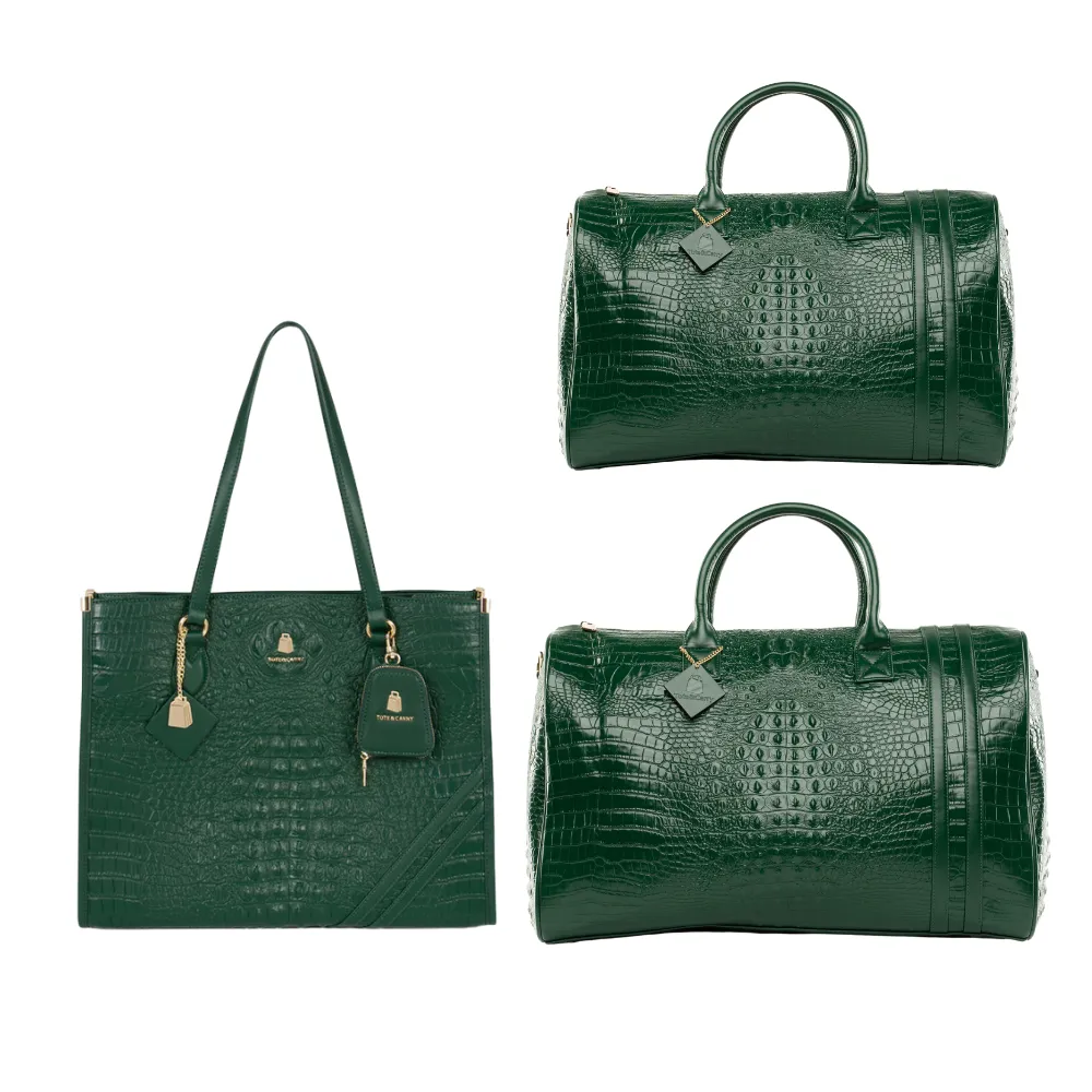 Emerald Green Women Tote Bag, Weekender Bag, Duffle Bag Faux Crocodile Skin