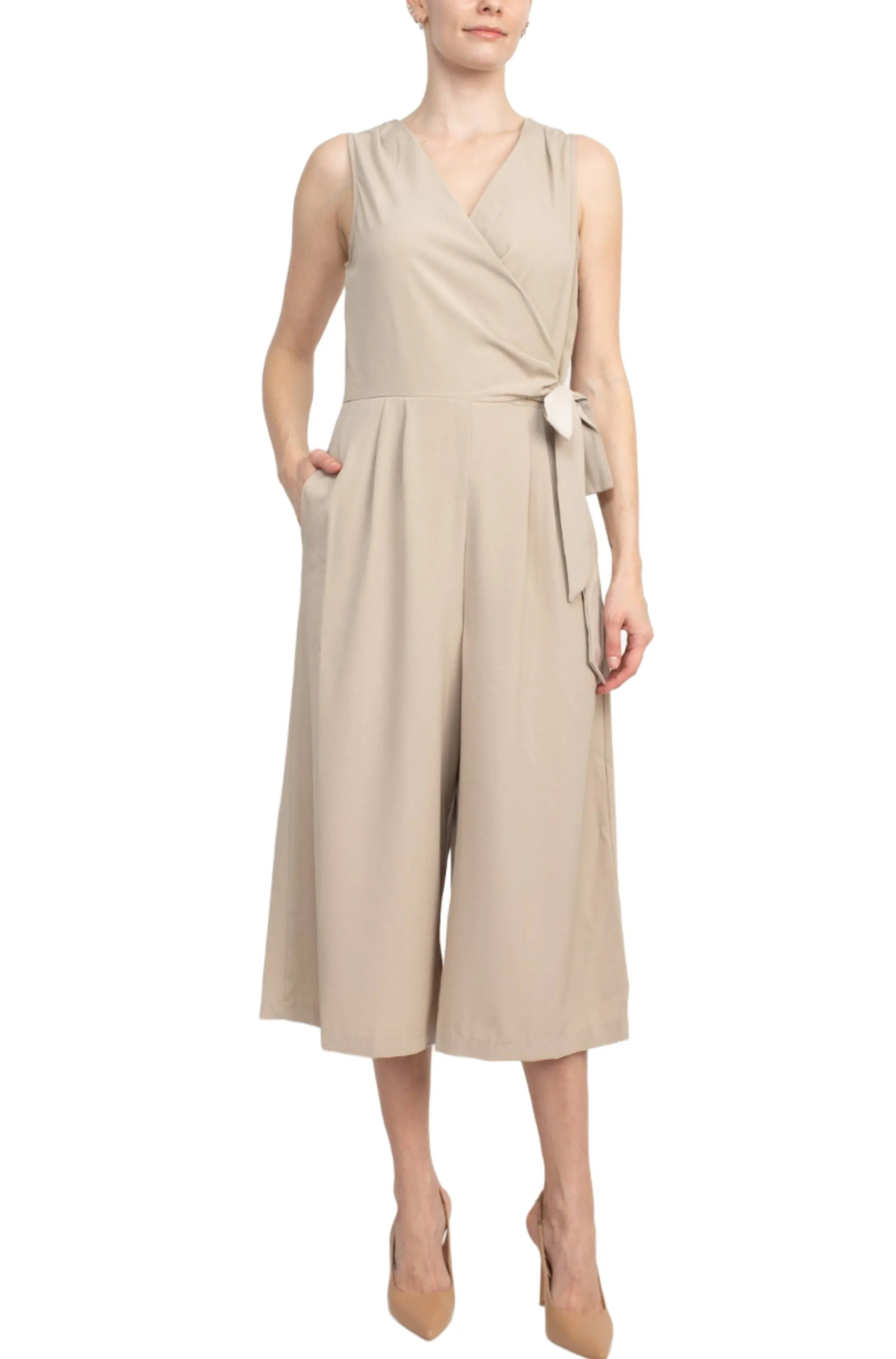 Emma & Michele V-Neck Sleeveless Tie Side Solid Pockets Crepe Jumpsuit