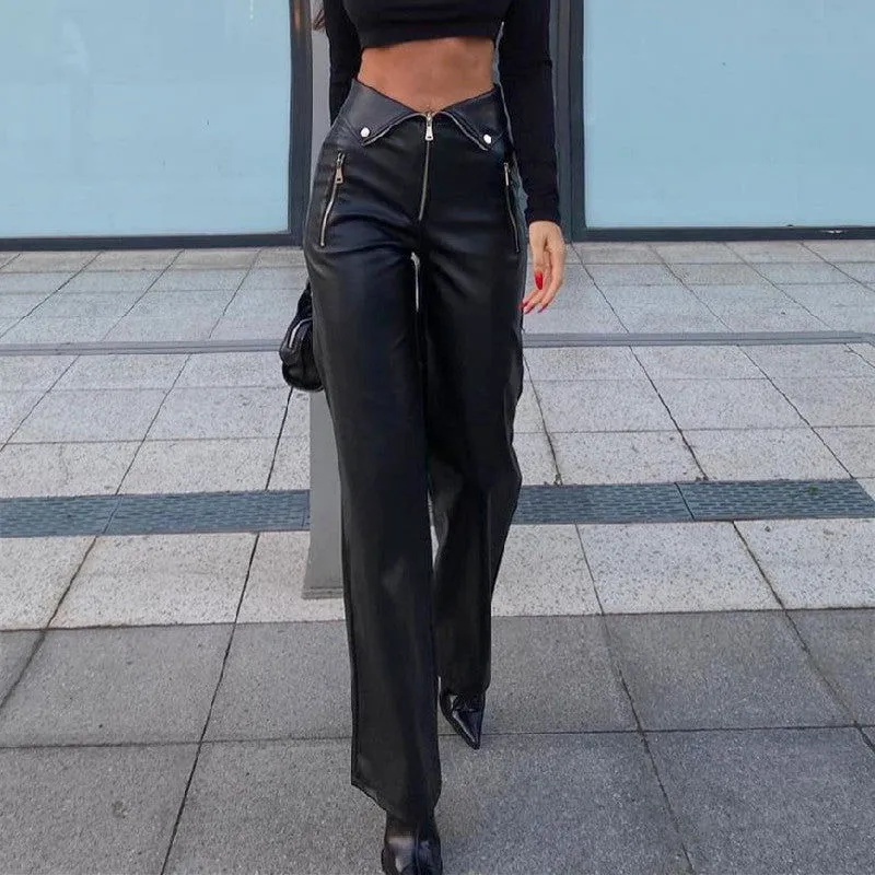 Fall Women High Waist Straight Loose Wide Leg Casual Pants Leather Pants