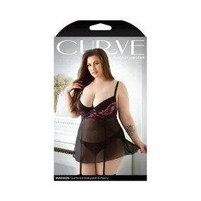 Fantasy Lingerie Curve Madison Gartered Lace & Mesh Babydoll, Panty Black/Pink XL/2XL