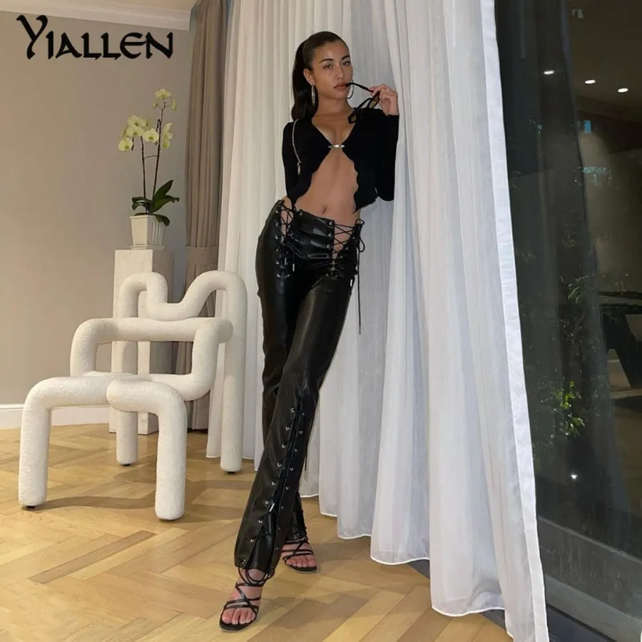 Faux PU Leather High Waist Bandage Pants Hipster Street Style Long Trousers