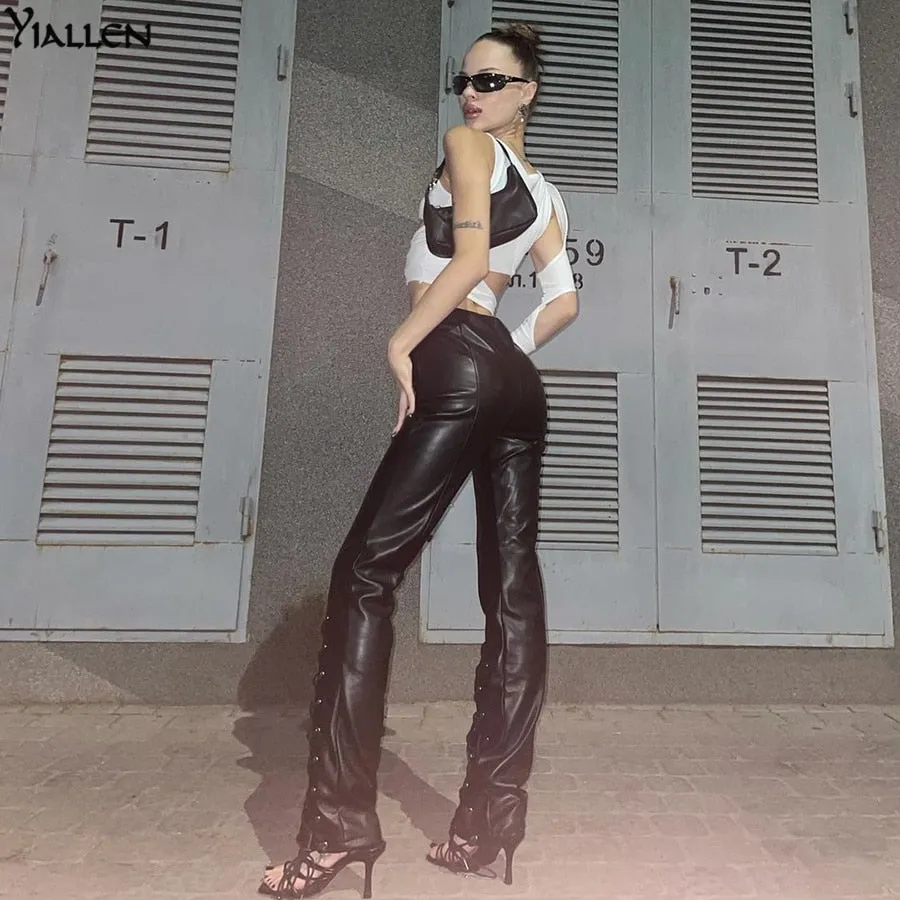 Faux PU Leather High Waist Bandage Pants Hipster Street Style Long Trousers