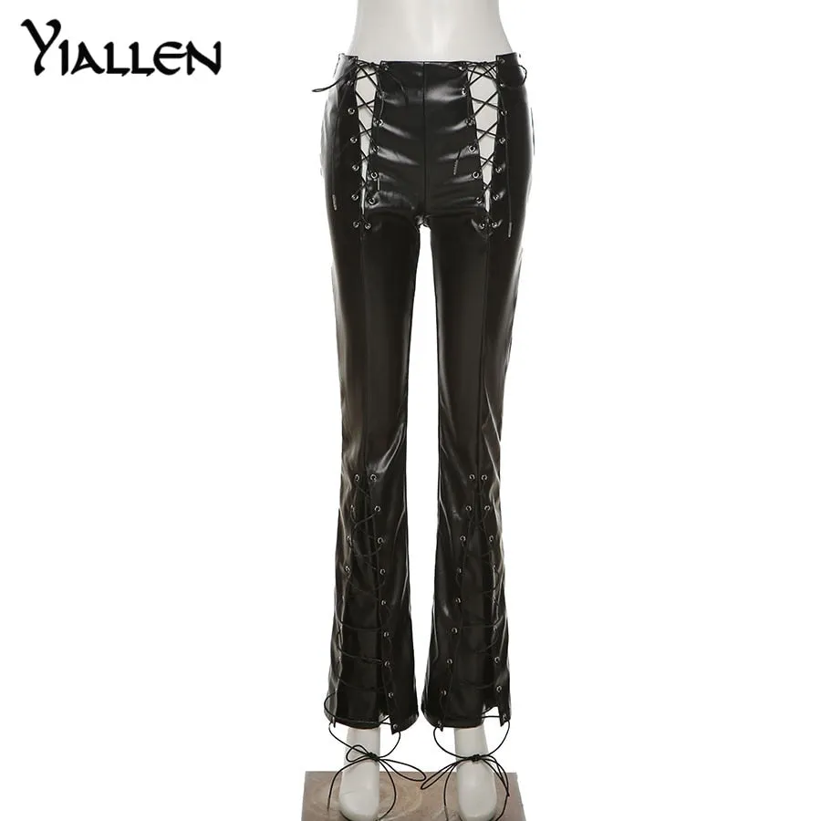 Faux PU Leather High Waist Bandage Pants Hipster Street Style Long Trousers