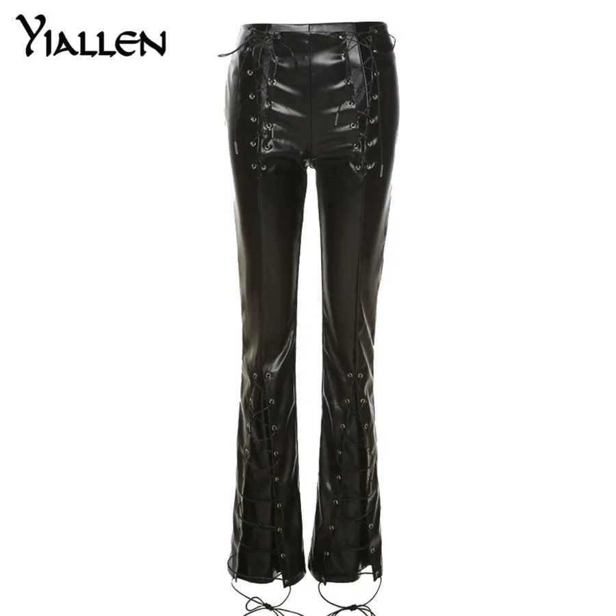 Faux PU Leather High Waist Bandage Pants Hipster Street Style Long Trousers