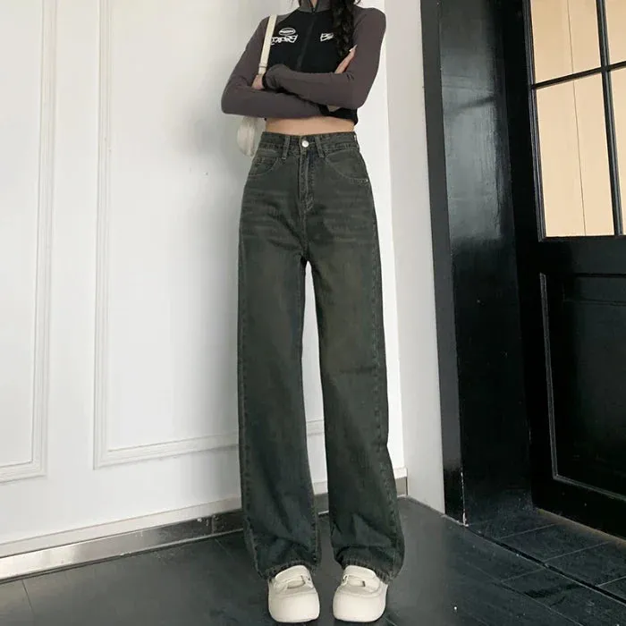 Female 2024 New Spring Cement Grey High Waist Thin Small Wide-Legged Trousers Jeans