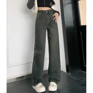 Female 2024 New Spring Cement Grey High Waist Thin Small Wide-Legged Trousers Jeans