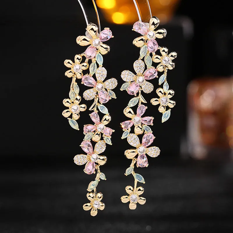 Female super fairy dinner dress with long flower heavy earrings