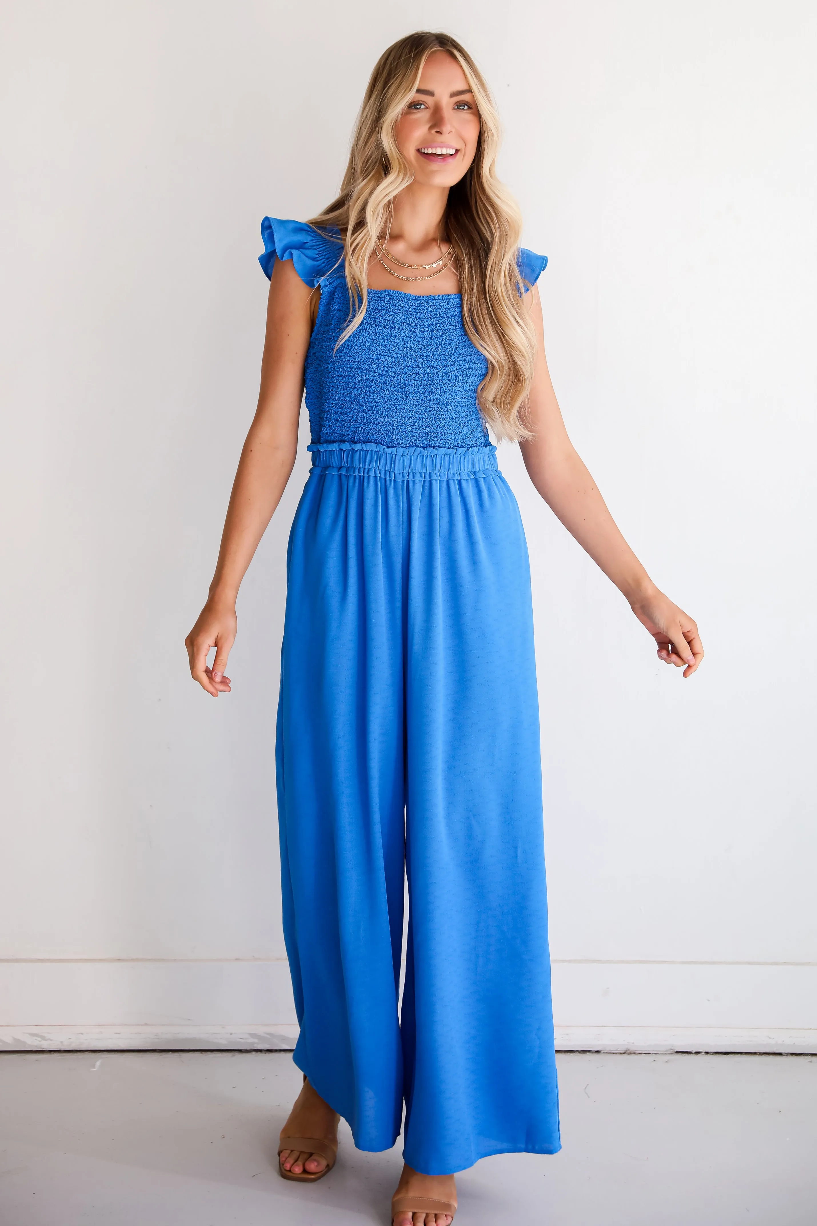 FINAL SALE - Alluring Sweetheart Blue Smocked Jumpsuit