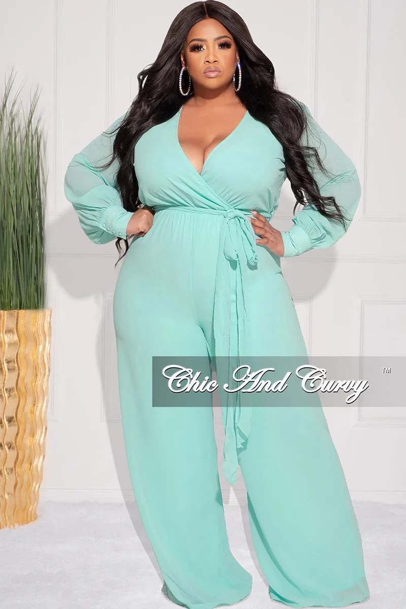 Final Sale Plus Size Chiffon Faux Wrap Peasant Sleeve Jumpsuit with Tie in Mint