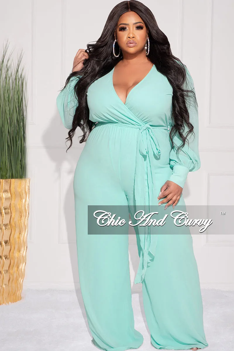 Final Sale Plus Size Chiffon Faux Wrap Peasant Sleeve Jumpsuit with Tie in Mint