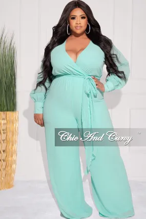 Final Sale Plus Size Chiffon Faux Wrap Peasant Sleeve Jumpsuit with Tie in Mint