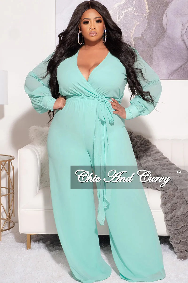 Final Sale Plus Size Chiffon Faux Wrap Peasant Sleeve Jumpsuit with Tie in Mint