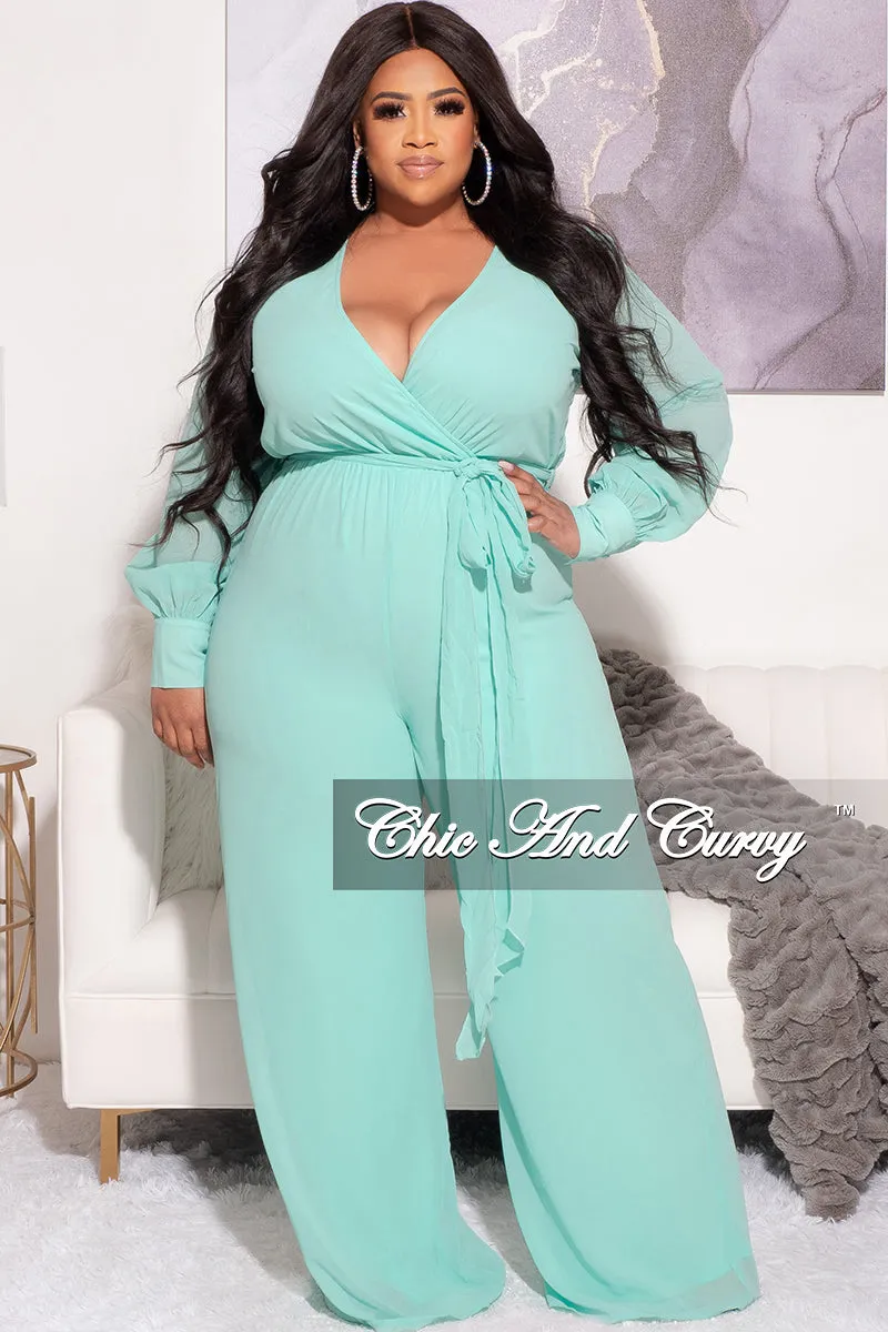 Final Sale Plus Size Chiffon Faux Wrap Peasant Sleeve Jumpsuit with Tie in Mint